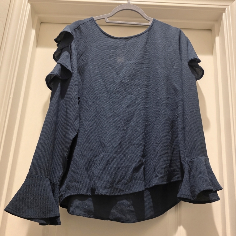 Harve Benard Navy Ruffle Sleeve Blouse